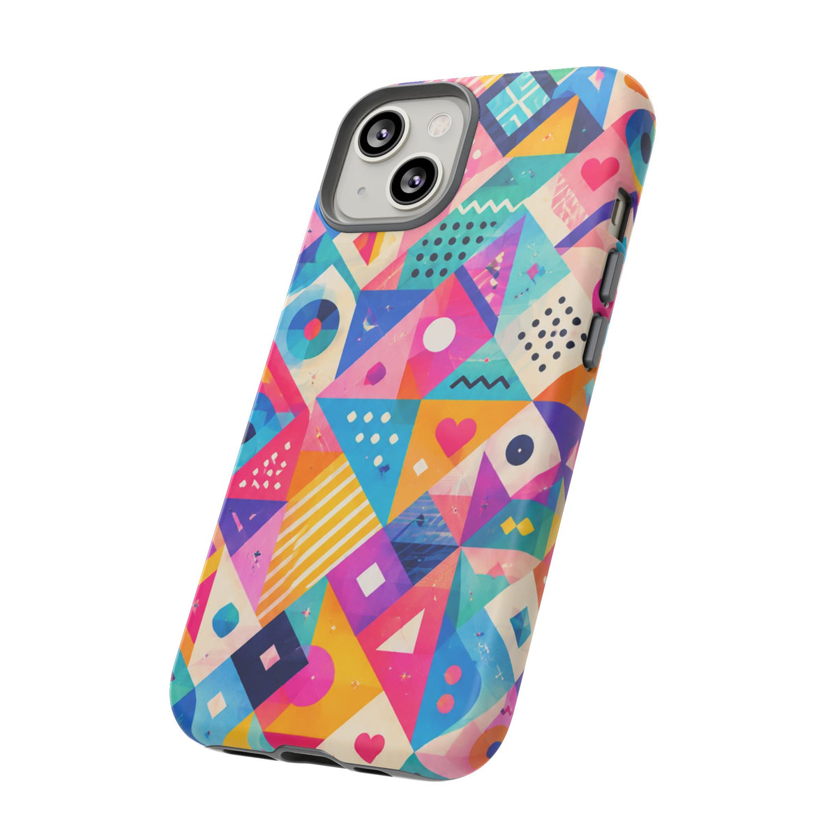 Colorful Geometric Tough Phone Case — Bright Abstract Heart & Triangle Pattern