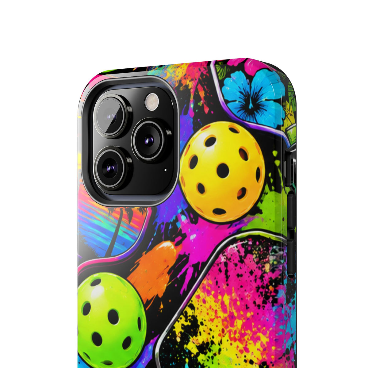 Pickleball Splash Tough Phone Case — Neon Paddle & Ball Protective Cover