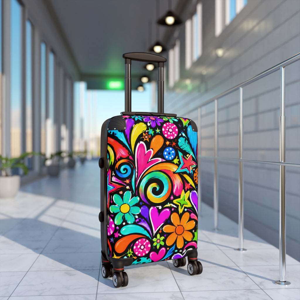 Colorful Retro Floral Suitcase — Bright Hippie Heart & Star Luggage Cover
