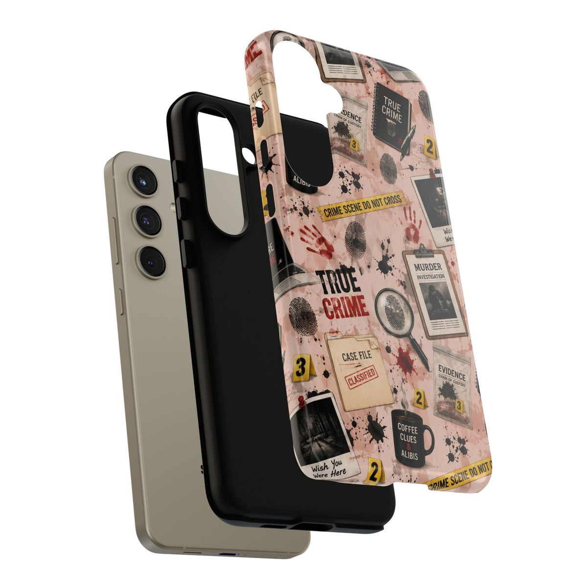 True Crime Pattern Phone Case – Detective Evidence, Crime Scene Tape & 'True Crime' Design
