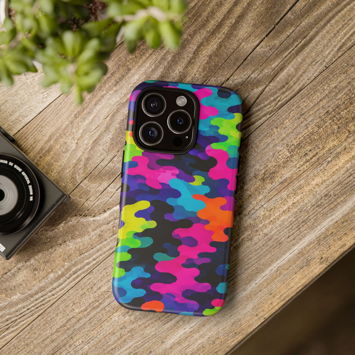 Neon Camo Tough Phone Case — Bright Rainbow Protective iPhone Cover