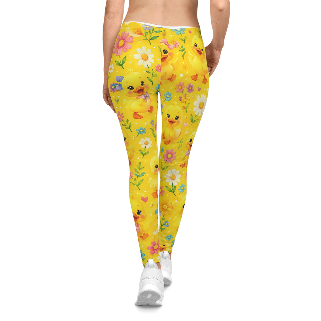 Yellow Floral Duck Leggings — Cute Baby Duck Patterned Women's Leggings