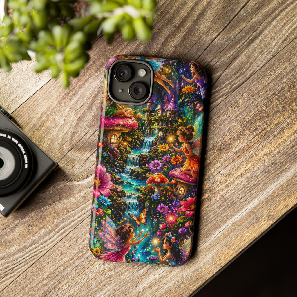 Fairy Garden Tough Phone Case — Whimsical Cottage, Waterfall & Mushroom Artwork
