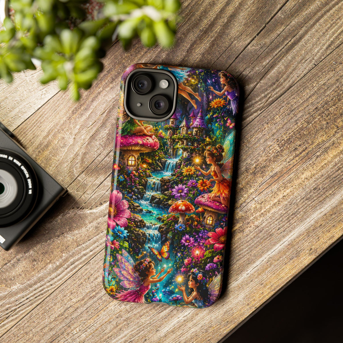 Fairy Garden Tough Phone Case — Whimsical Cottage, Waterfall & Mushroom Artwork