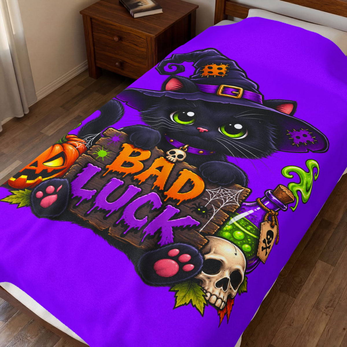Halloween 'Bad Luck' Black Cat Plush Blanket - Soft Velveteen Throw