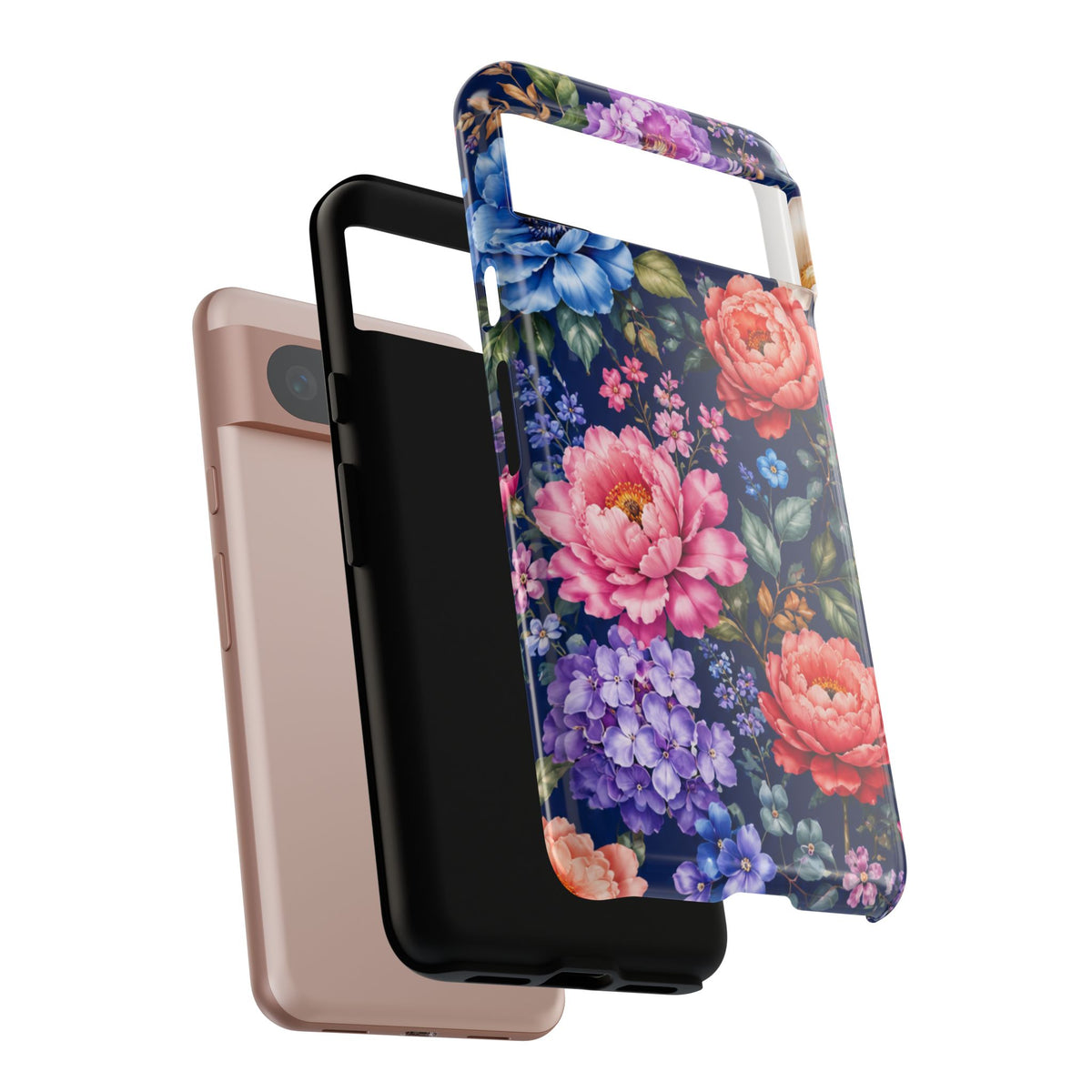 Floral Tough Phone Case – Vibrant Garden Flowers on Navy