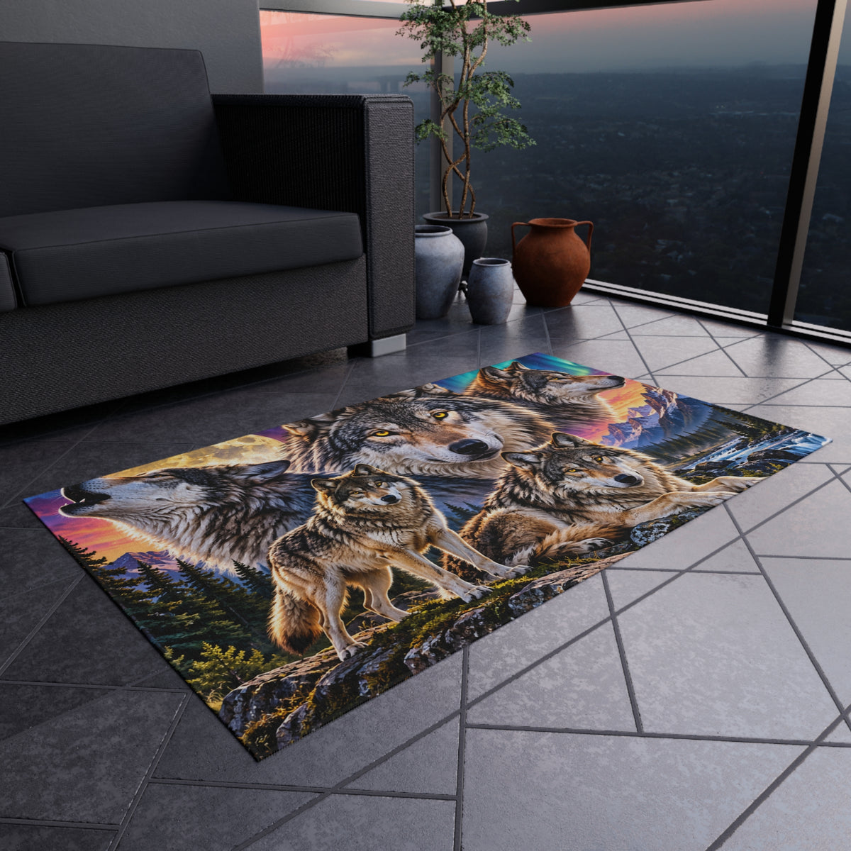 Wolf Pack Outdoor Rug — Scenic Mountain & Northern Lights Design
