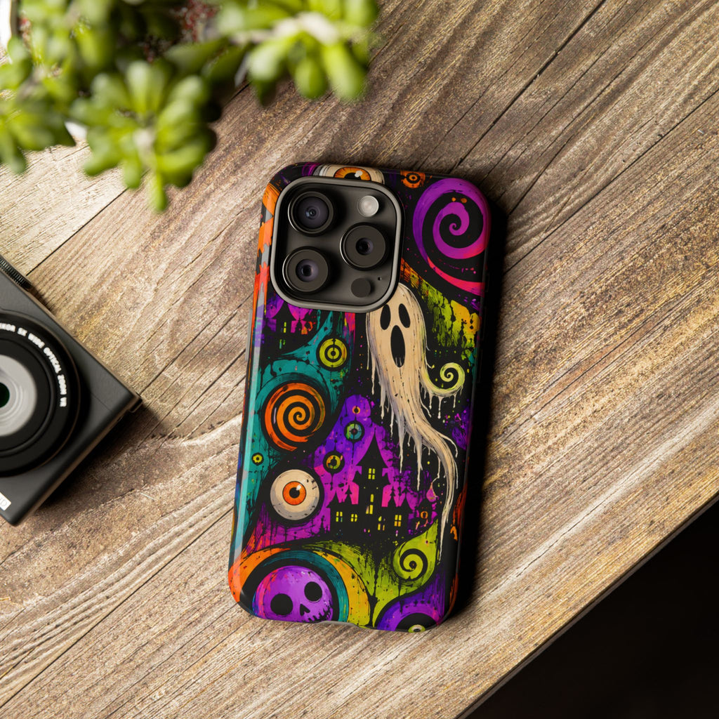 Halloween Ghost Phone Case — Colorful Spooky Skull & Haunted House Tough Case