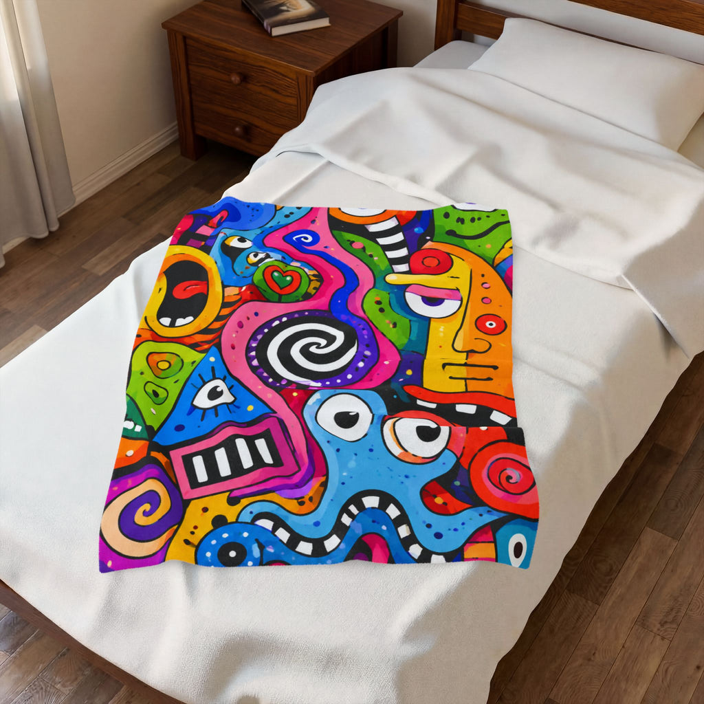 Abstract Pop Art Velveteen Plush Blanket — Colorful Psychedelic Faces Throw