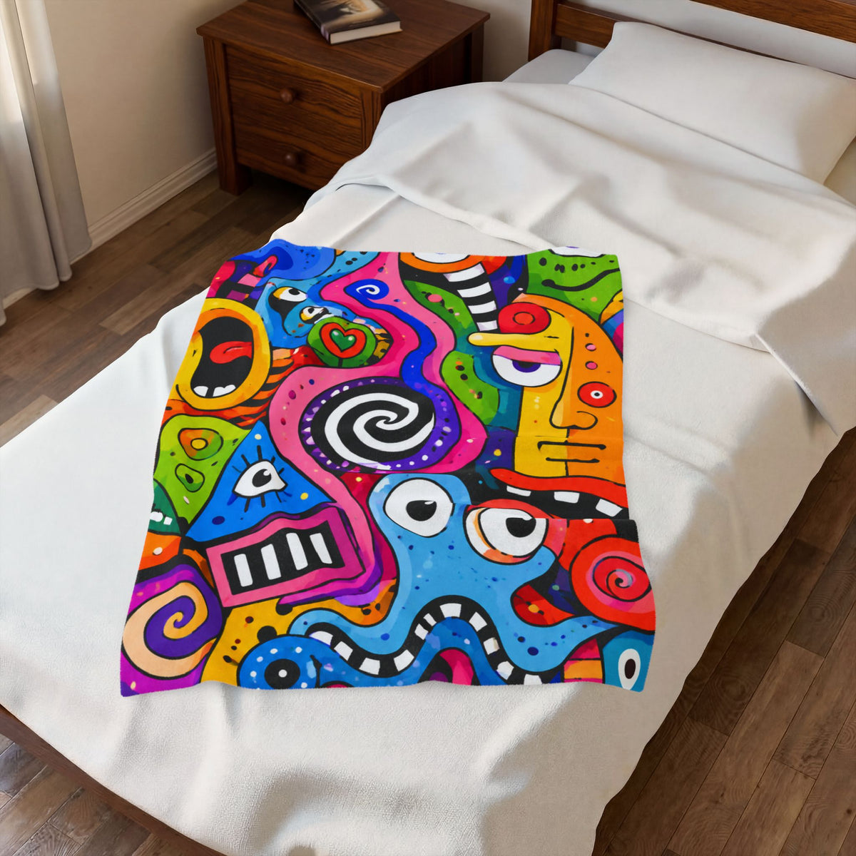 Abstract Pop Art Velveteen Plush Blanket — Colorful Psychedelic Faces Throw