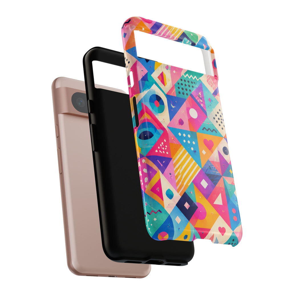 Colorful Geometric Tough Phone Case — Bright Abstract Heart & Triangle Pattern