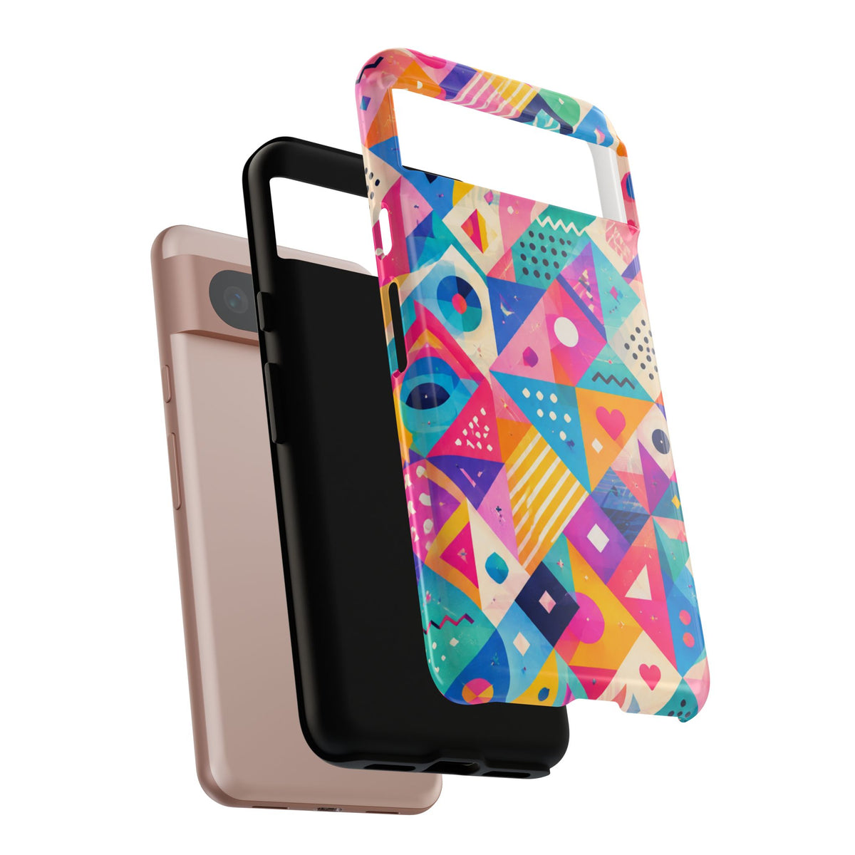 Colorful Geometric Tough Phone Case — Bright Abstract Heart & Triangle Pattern