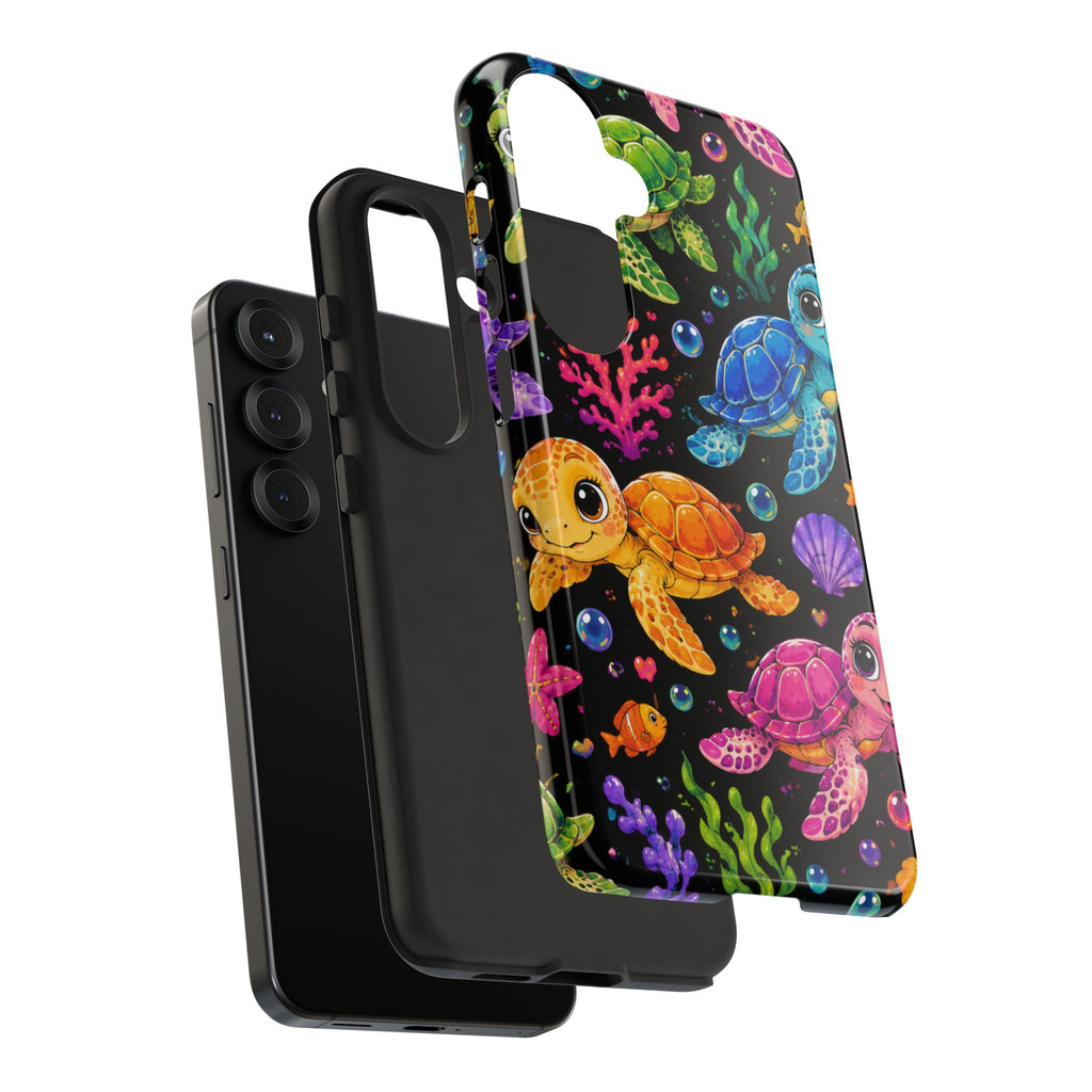 Phone Case — Colorful Cute Sea Turtles on Black (Protective Smartphone Cover)