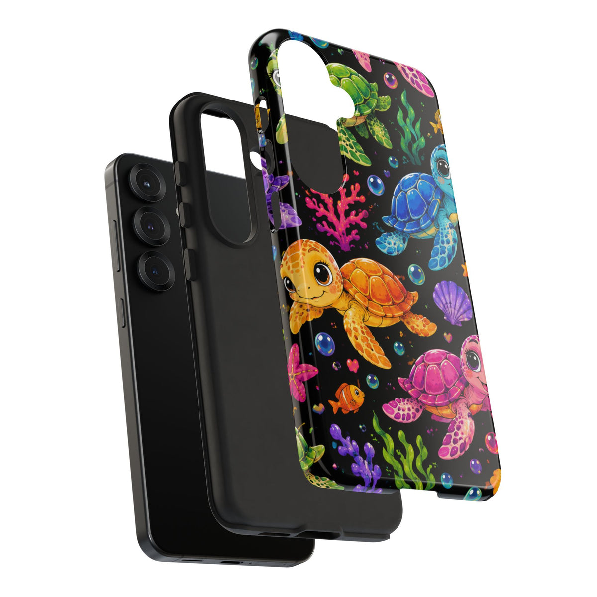 Phone Case — Colorful Cute Sea Turtles on Black (Protective Smartphone Cover)