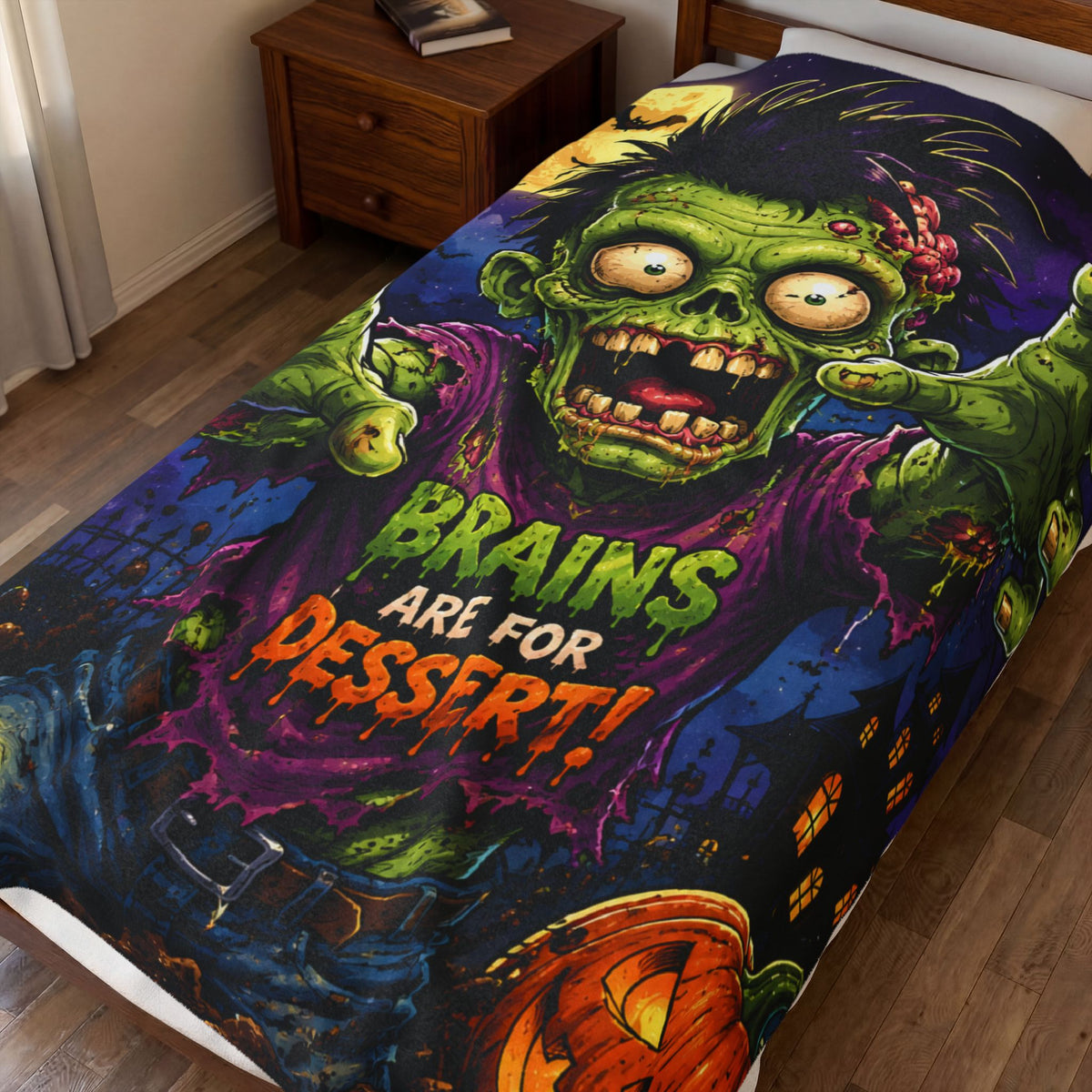 Zombie Plush Blanket – "Brains Are For Dessert!" Halloween Velveteen Throw