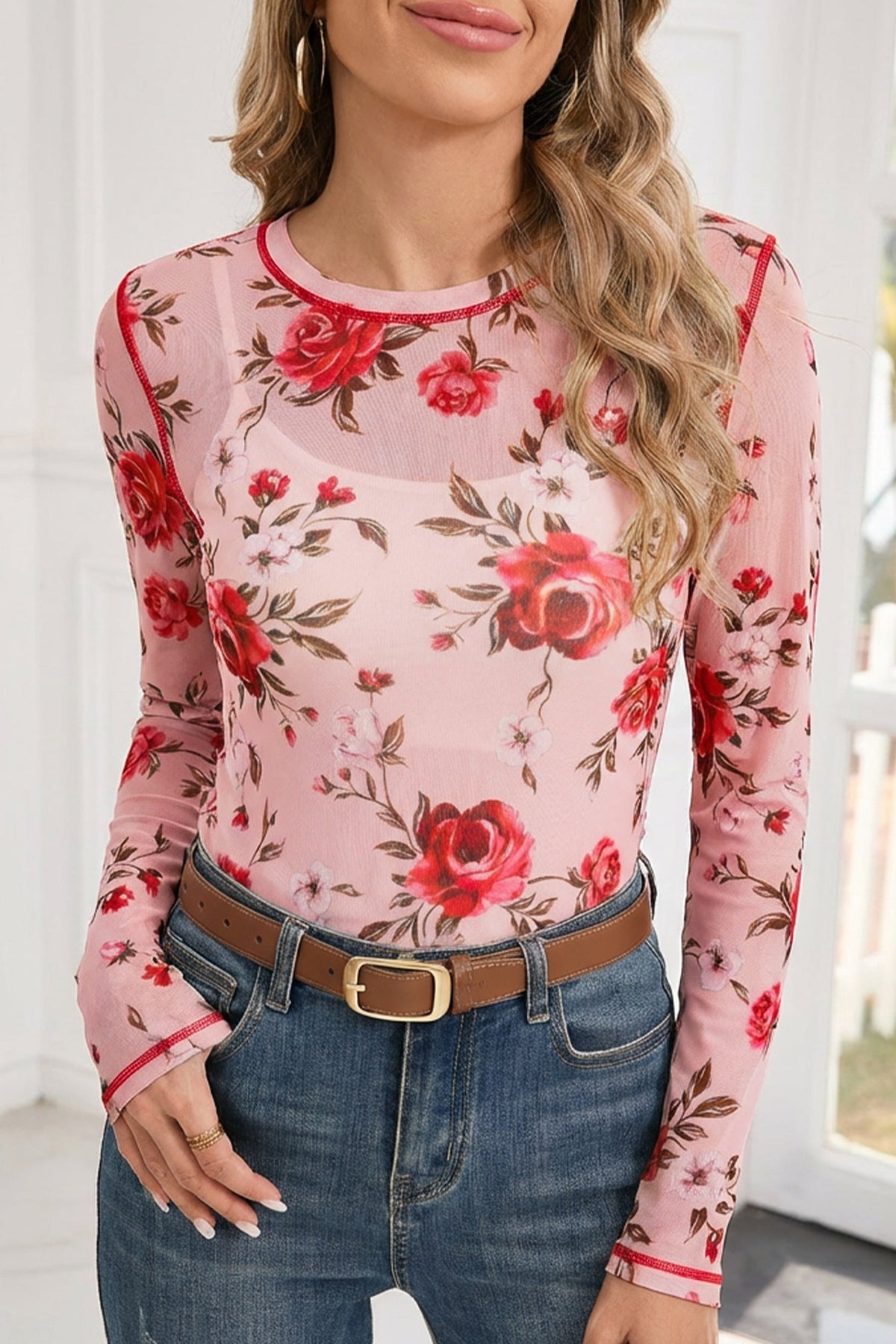 Pink Floral Print Exposed Seam Detail Mesh Long Sleeve Top