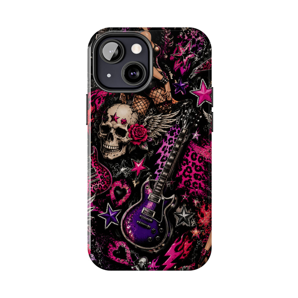 Rock Skull Guitar Phone Case — Edgy Pink Skull & Roses Tough Phone Case