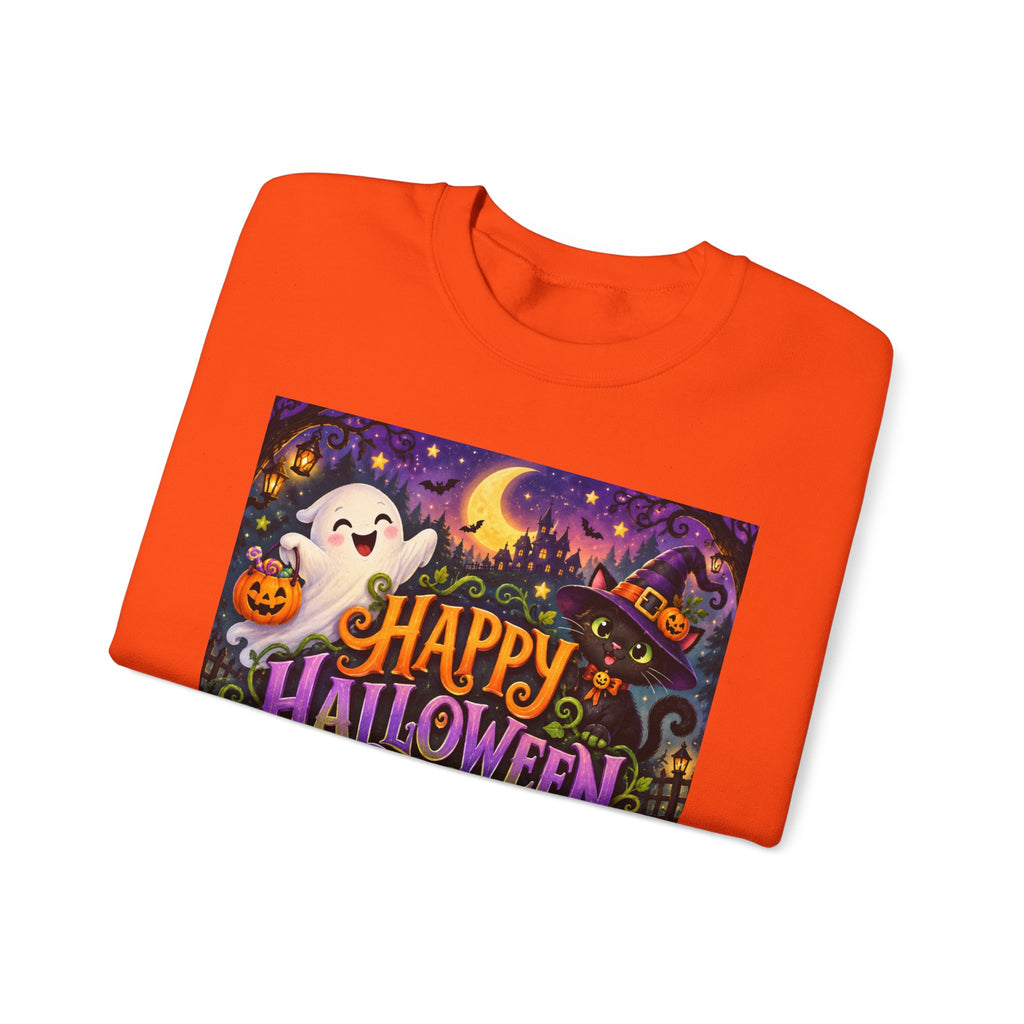 Happy Halloween Crewneck Sweatshirt — Cute Ghost & Jack-o'-Lantern Halloween Sweater