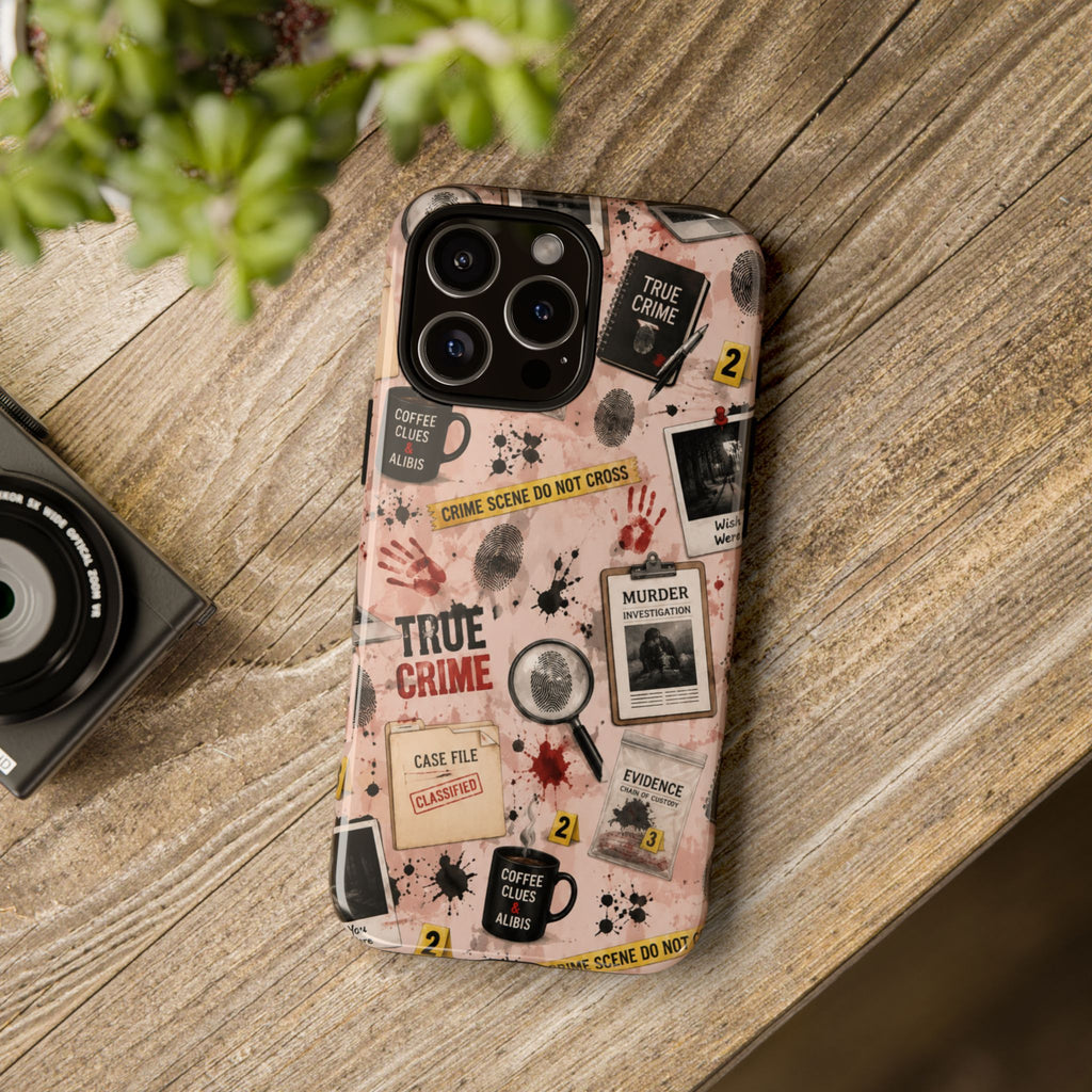 True Crime Pattern Phone Case – Detective Evidence, Crime Scene Tape & 'True Crime' Design