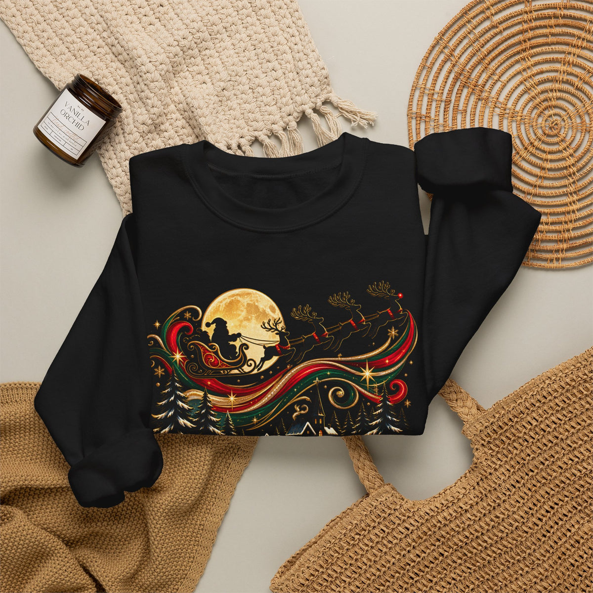 Christmas Sleigh Crewneck Sweatshirt - Santa Reindeer Moon Holiday Design
