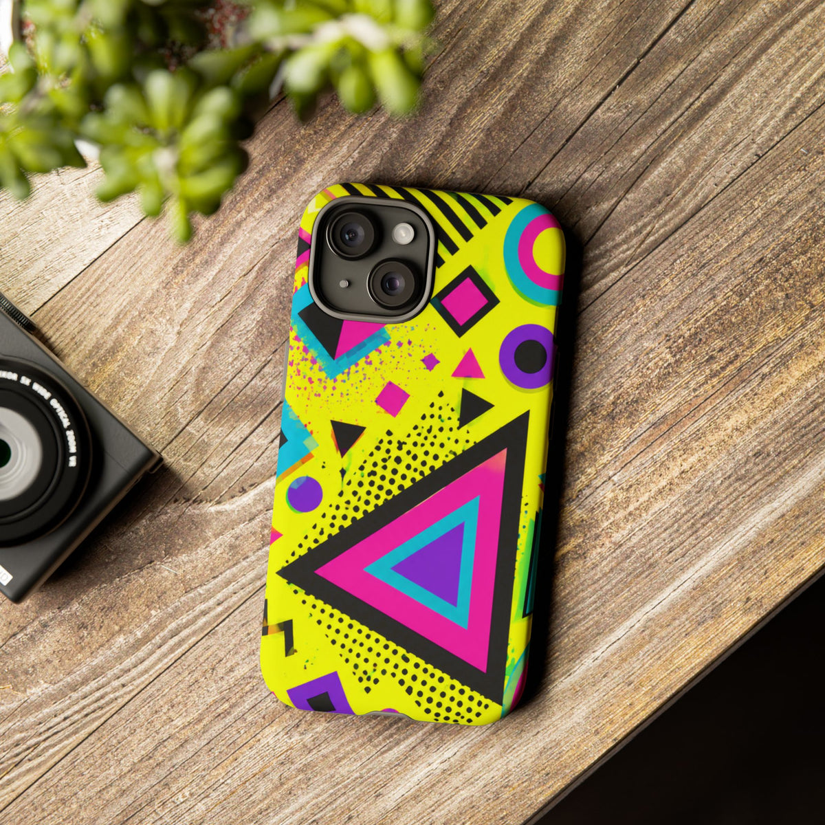 Retro 80s Geometric Phone Case — Neon Memphis Triangle Design
