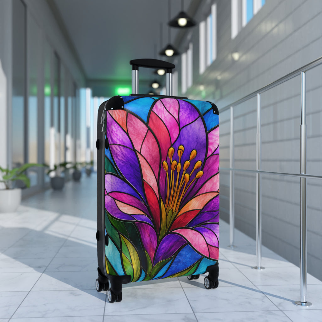 Floral Stained Glass Carry-On Suitcase — Vibrant Pink & Purple Travel Luggage