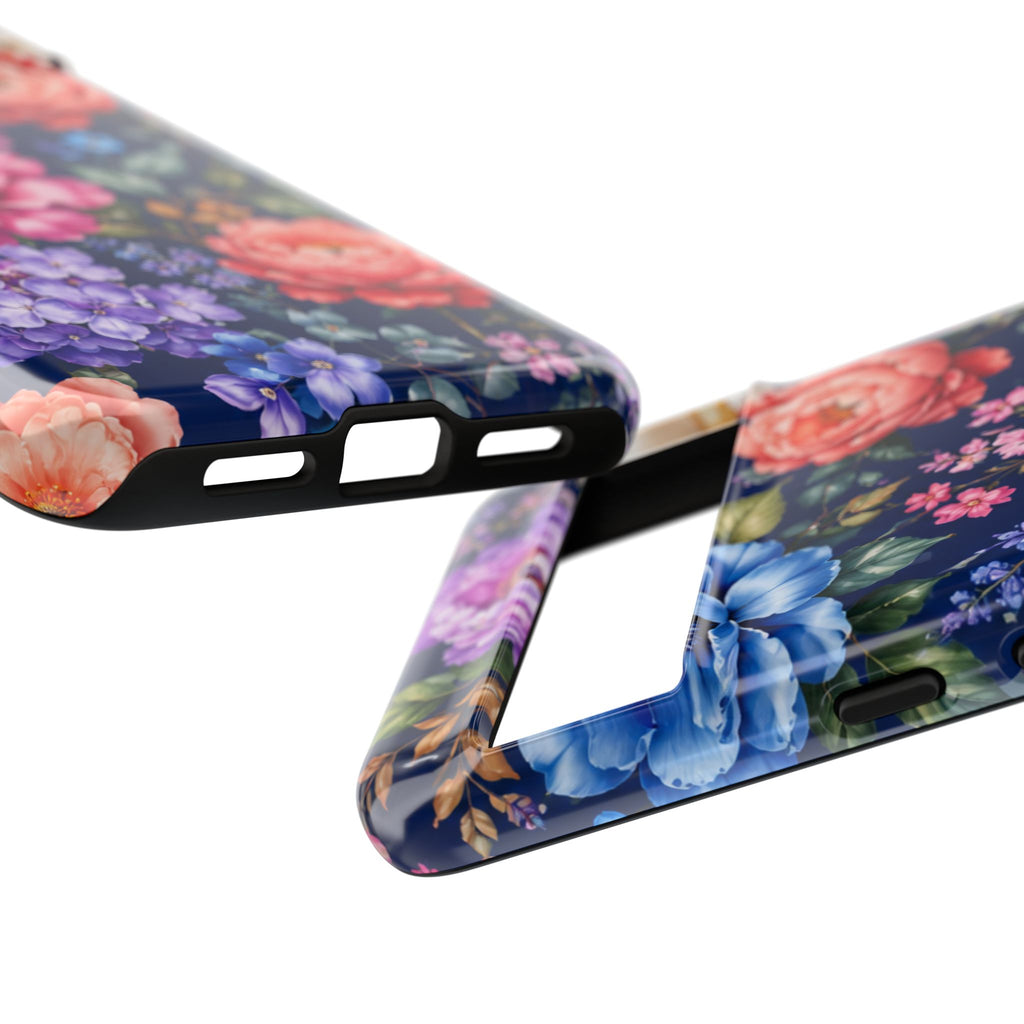 Floral Tough Phone Case – Vibrant Garden Flowers on Navy