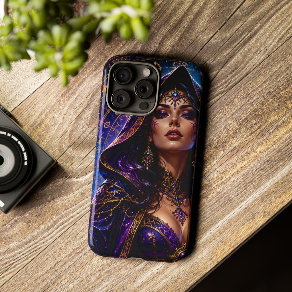 Phone Case — Mystical Sorceress Art Protective Tough Case (Astrology, Purple Hooded Witch)