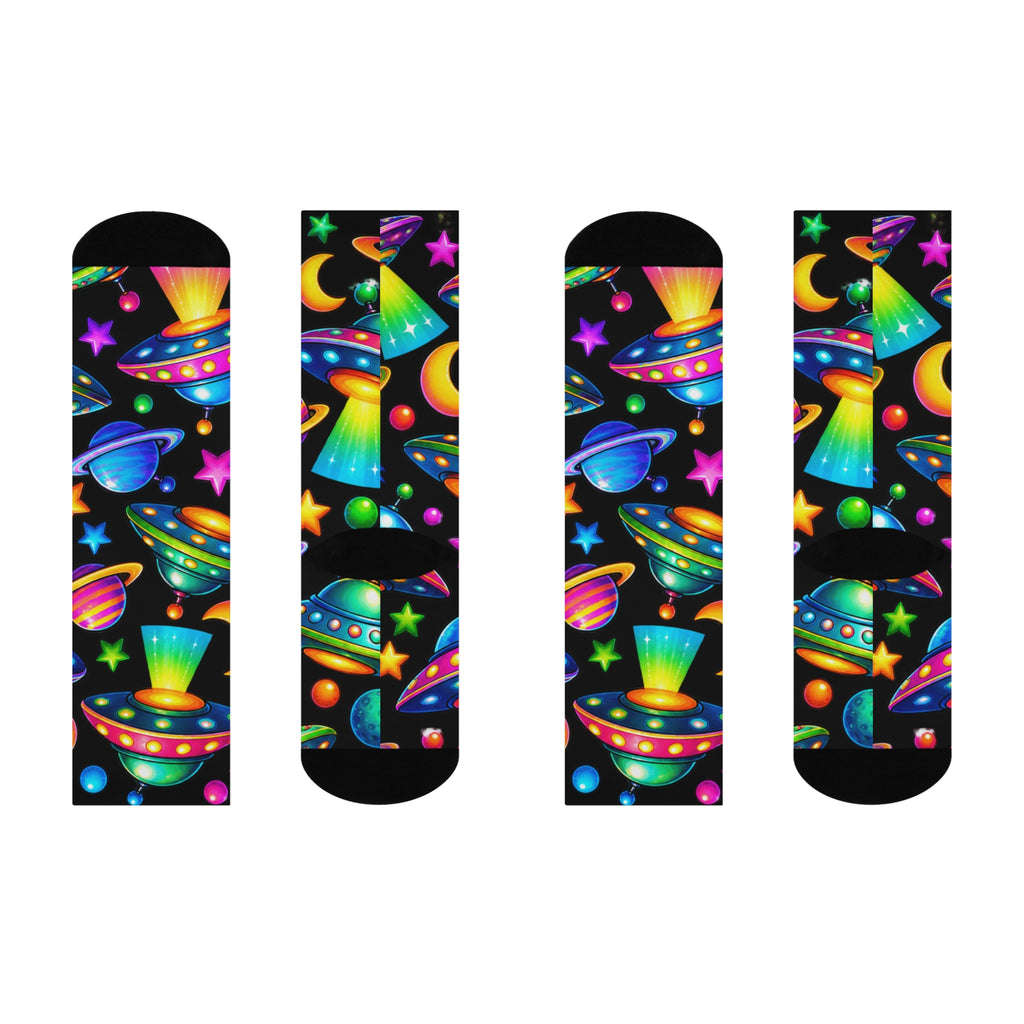 Alien UFO Crew Socks — Neon Space Pattern Cushioned Socks