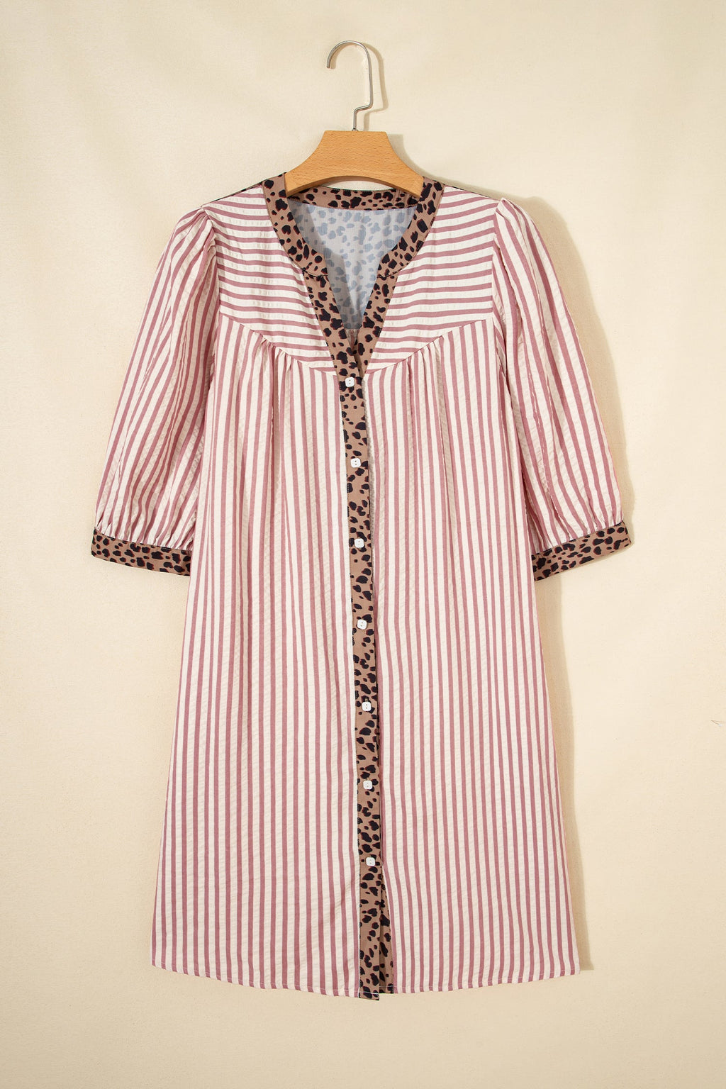 Stripe Leopard Trim 3/4 Sleeve Shirt Dress