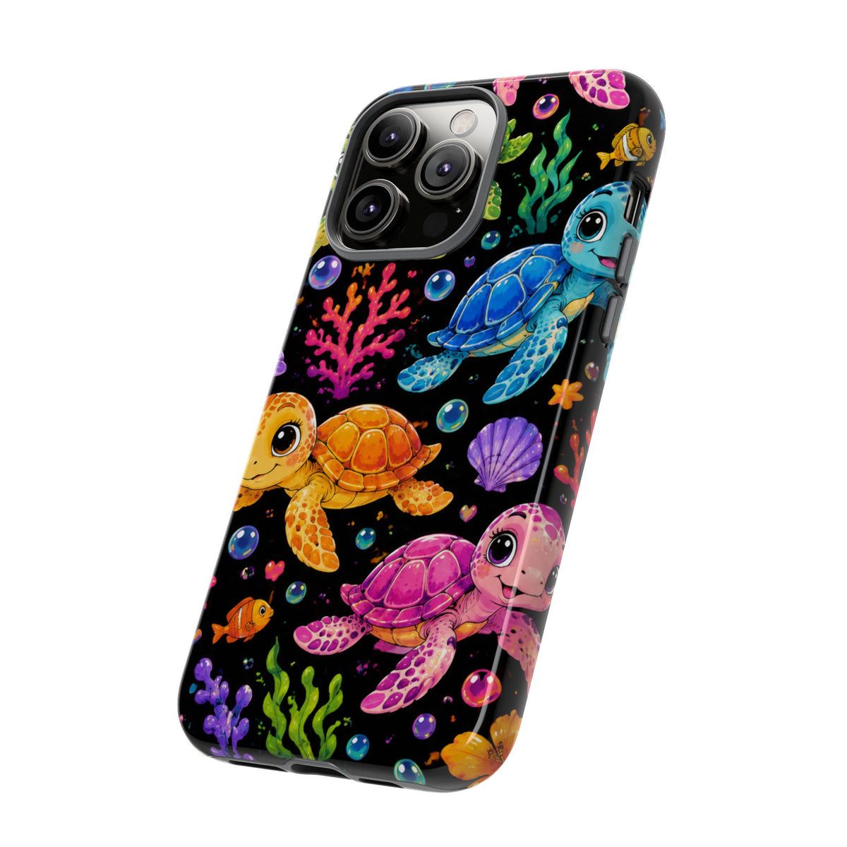 Phone Case — Colorful Cute Sea Turtles on Black (Protective Smartphone Cover)