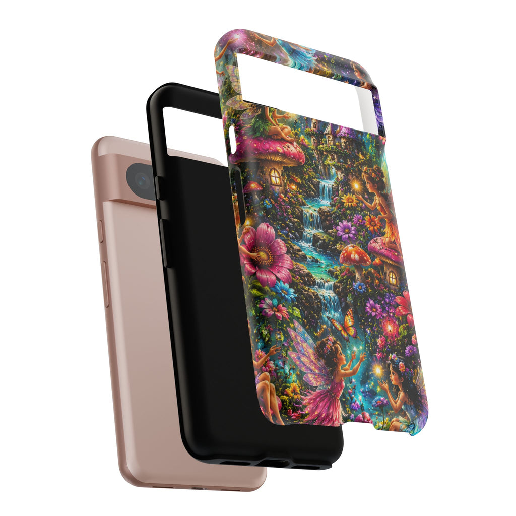 Fairy Garden Tough Phone Case — Whimsical Cottage, Waterfall & Mushroom Artwork