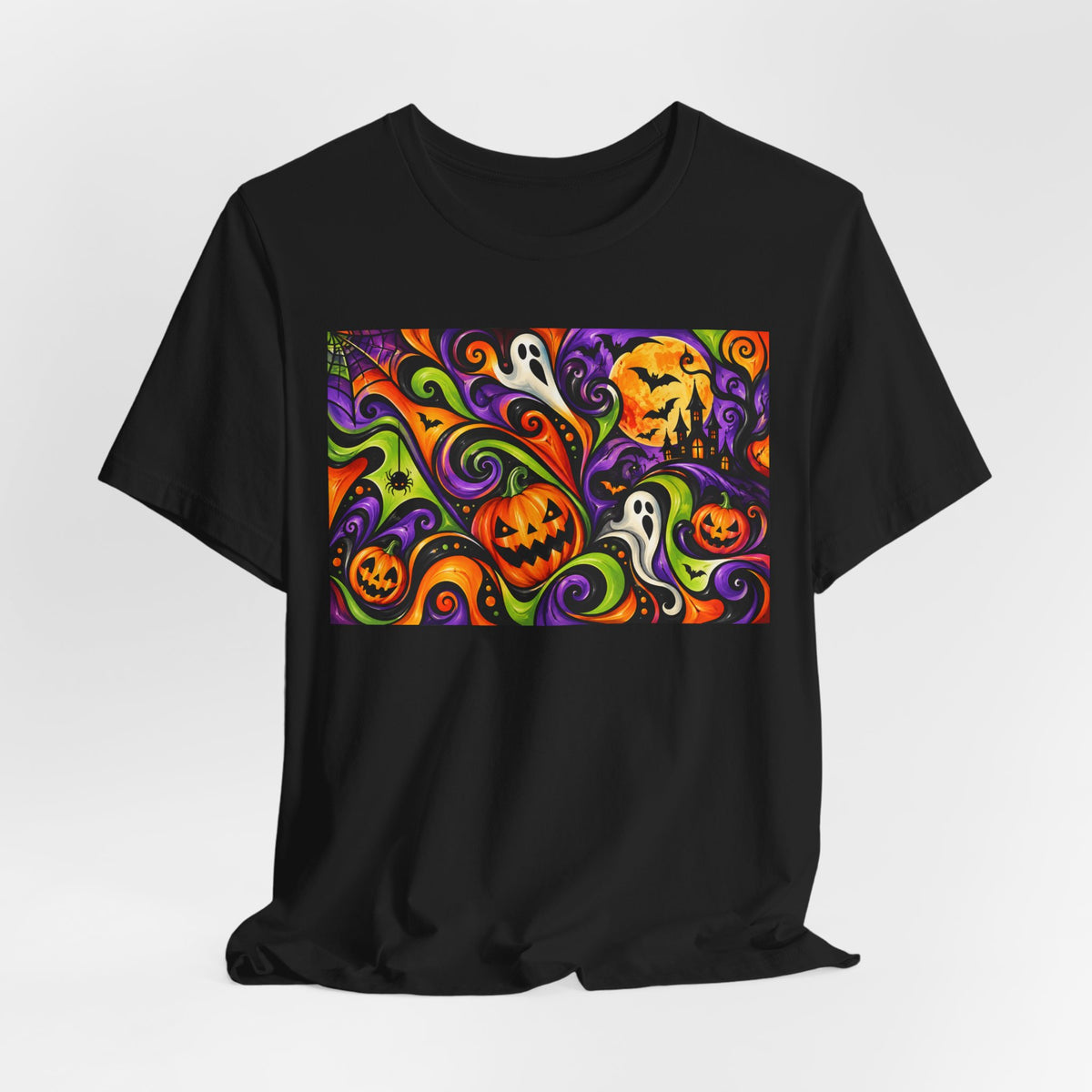 Halloween Swirl Tee — Colorful Pumpkins & Ghosts Graphic T-Shirt
