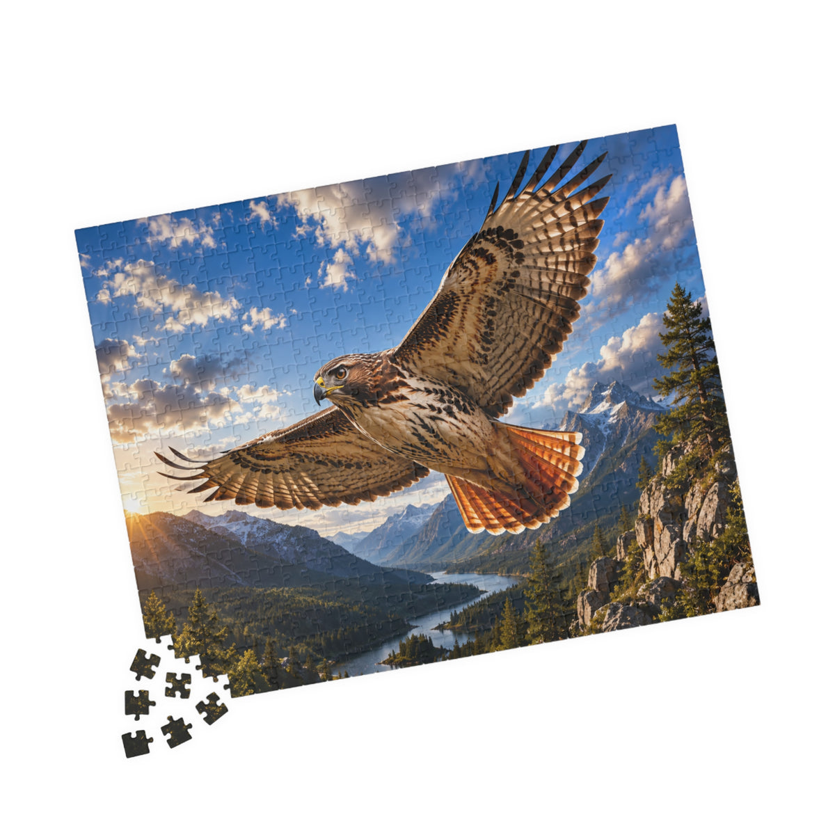 Red-Tailed Hawk Scenic Jigsaw Puzzle — Mountain Lake Nature Puzzle (110/252/520/1014 pcs)