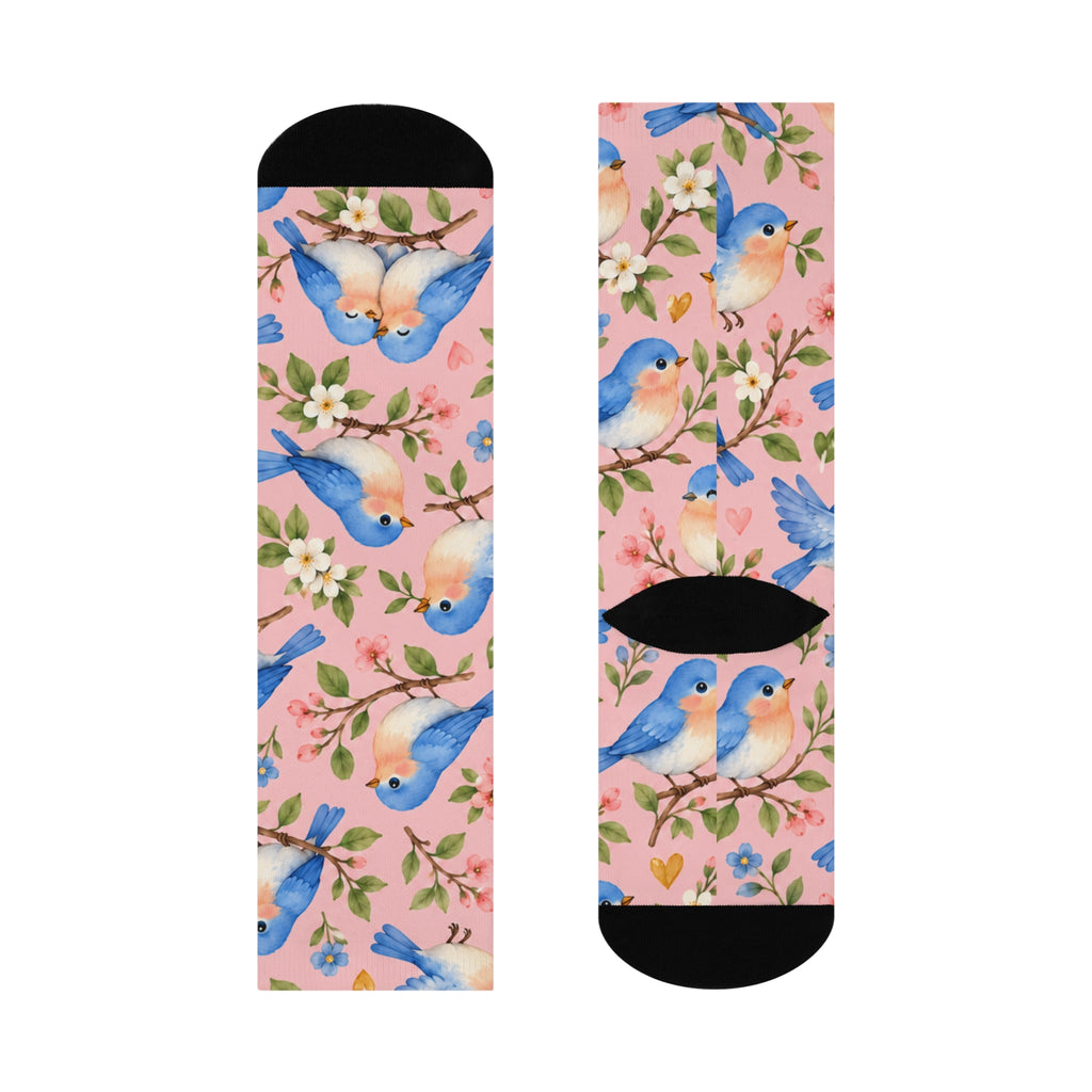 Bluebird Floral Crew Socks | Pink Bird Pattern, Spring Nature Socks