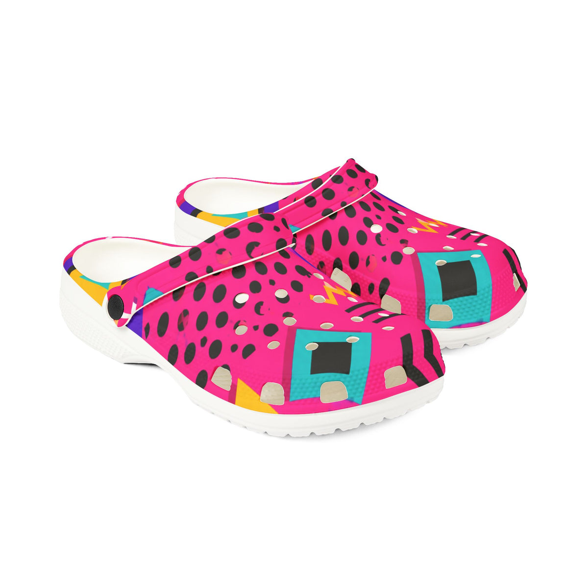 Retro Pink Pattern EVA Foam Clogs — Bold 90s Graphic Slip-On Shoes
