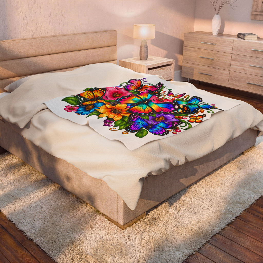 Butterfly Garden Velveteen Plush Blanket — Vibrant Rainbow Butterflies & Flowers Throw