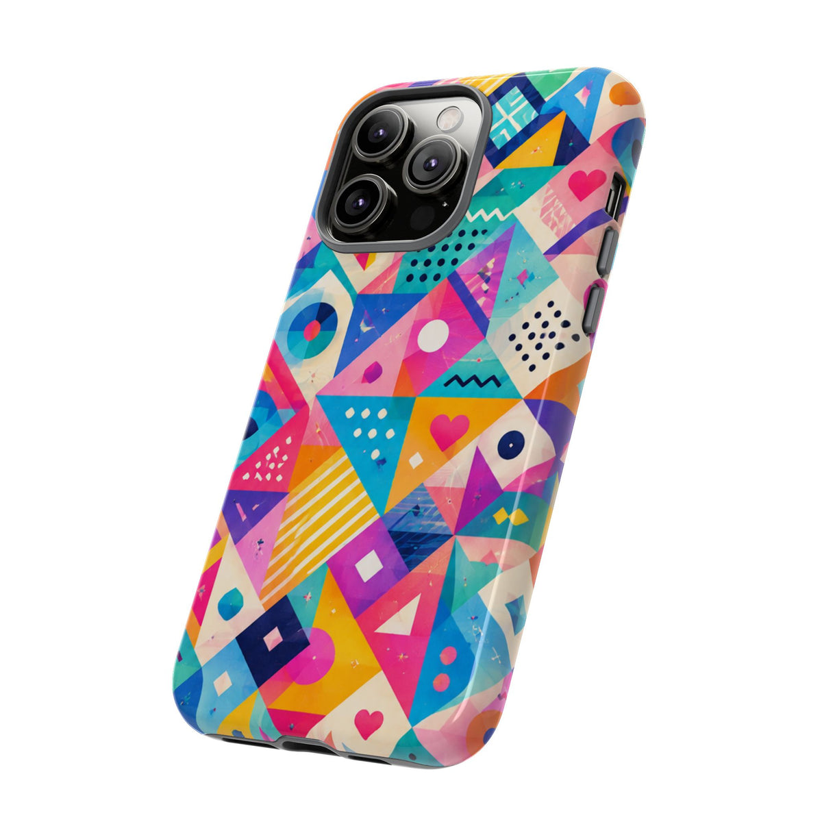 Colorful Geometric Tough Phone Case — Bright Abstract Heart & Triangle Pattern