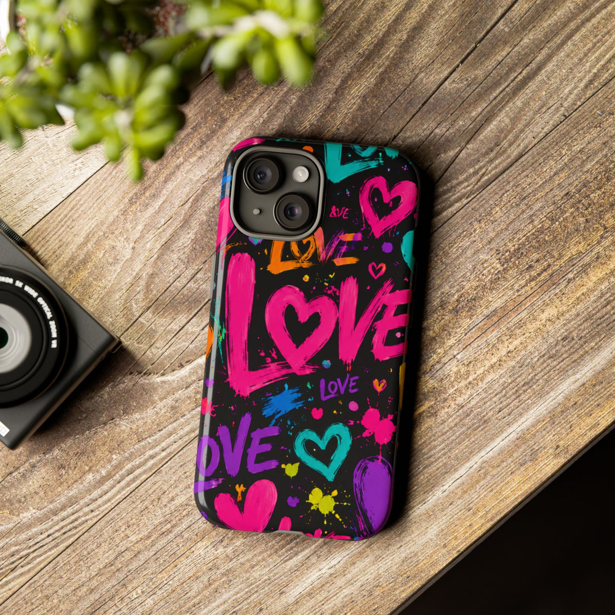 Phone Case — Neon Graffiti "Love" Hearts Protective Tough Case