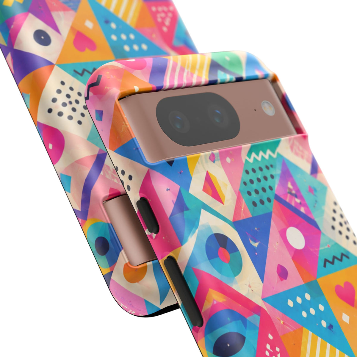 Colorful Geometric Tough Phone Case — Bright Abstract Heart & Triangle Pattern