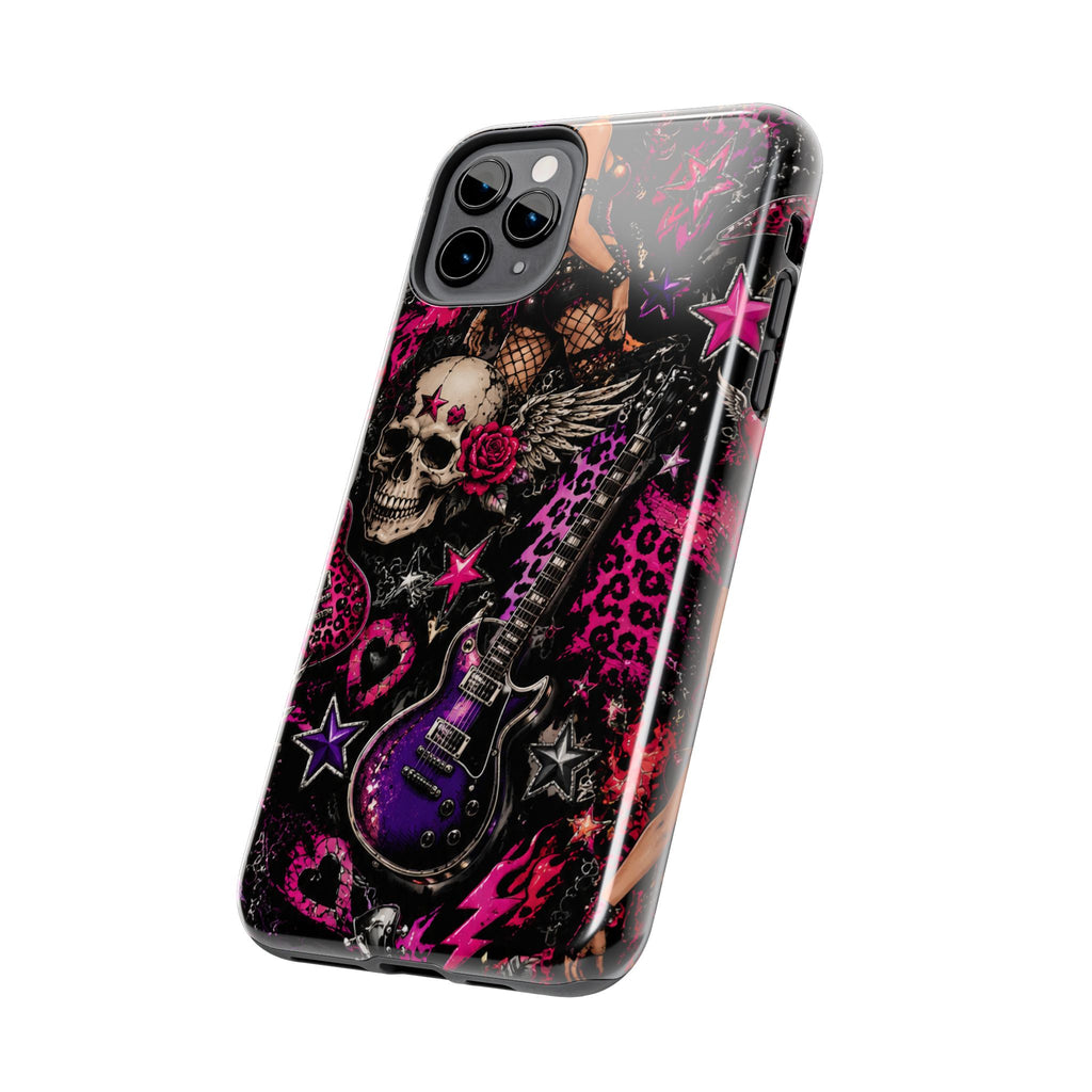 Rock Skull Guitar Phone Case — Edgy Pink Skull & Roses Tough Phone Case