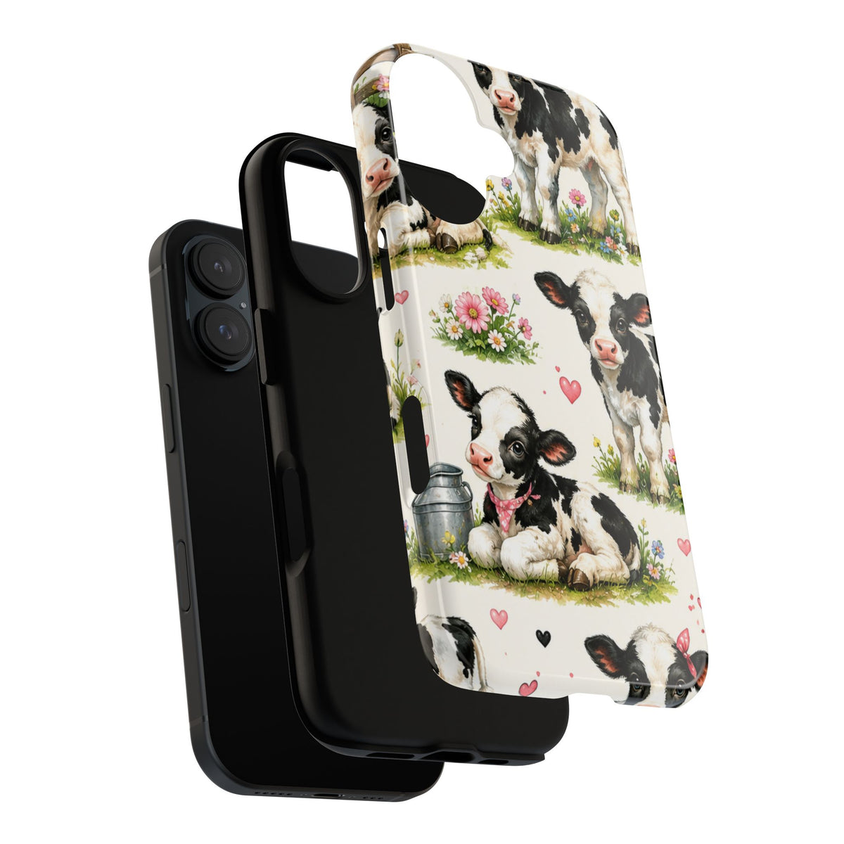 Cute Calf Pattern Phone Case – Pastel Cow Hearts & Flowers Protective Cover