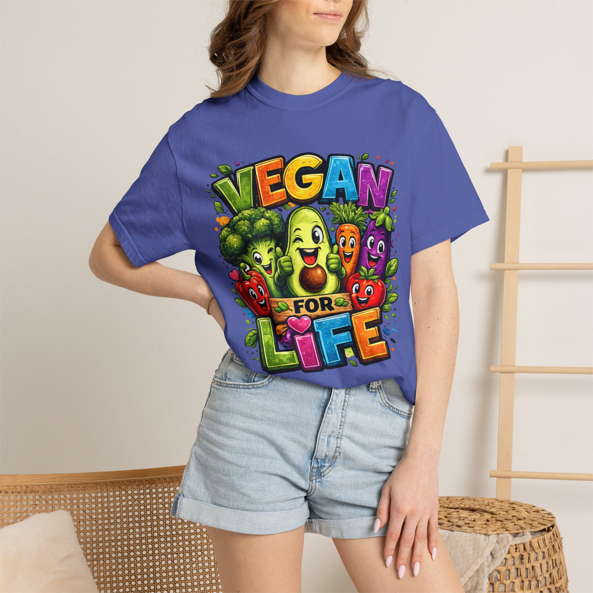 Vegan for Life T-Shirt | Colorful Cartoon Veggies Tee