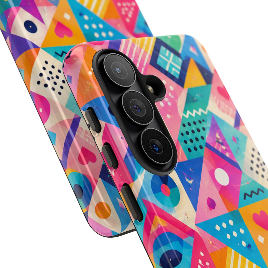 Colorful Geometric Tough Phone Case — Bright Abstract Heart & Triangle Pattern