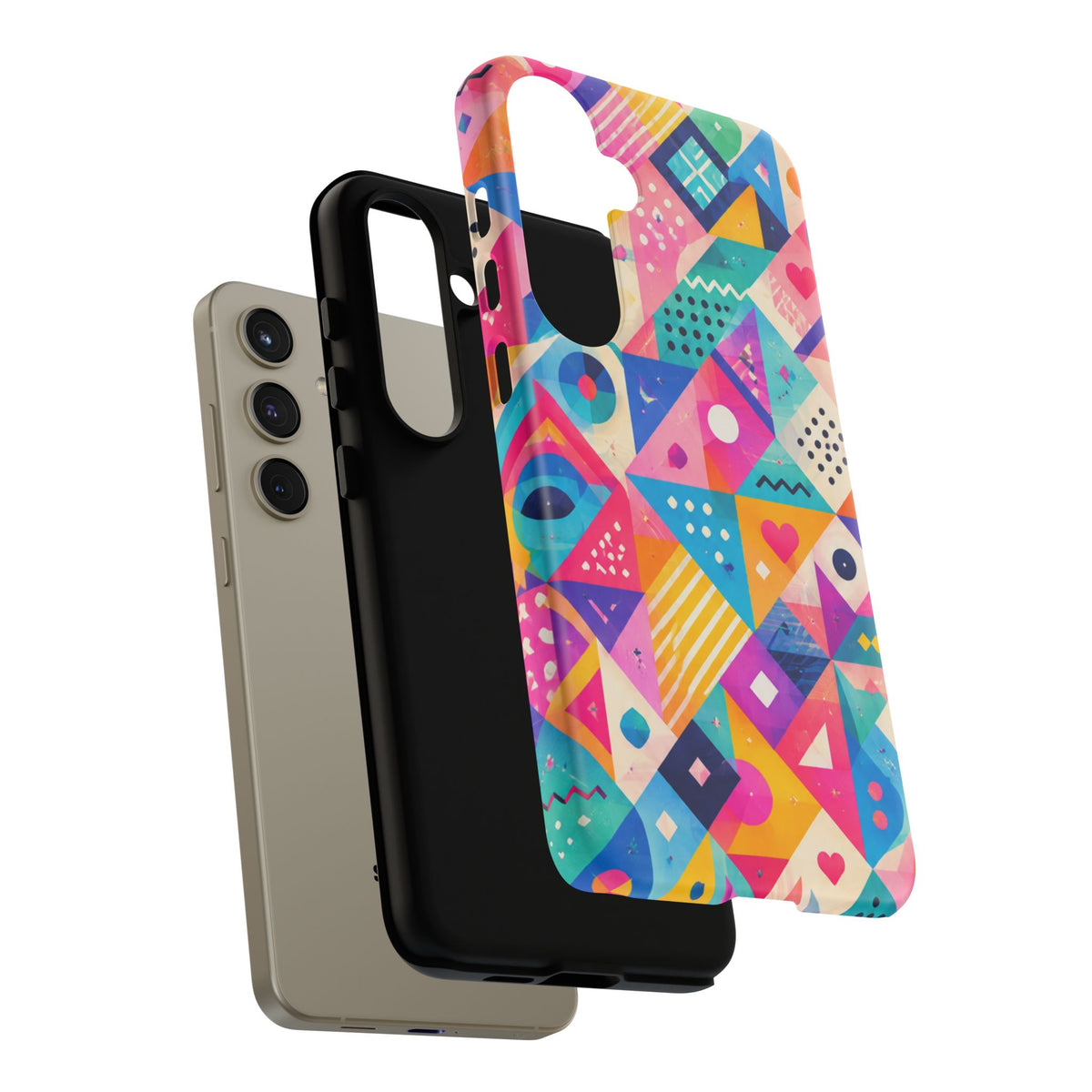 Colorful Geometric Tough Phone Case — Bright Abstract Heart & Triangle Pattern