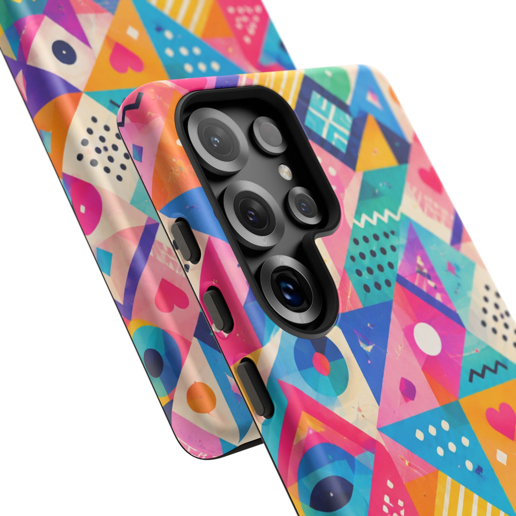 Colorful Geometric Tough Phone Case — Bright Abstract Heart & Triangle Pattern