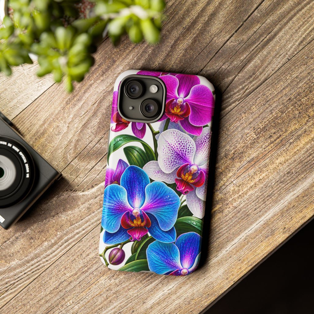 Orchid Floral Tough Phone Case – Vibrant Blue & Pink Orchid Protective Cover