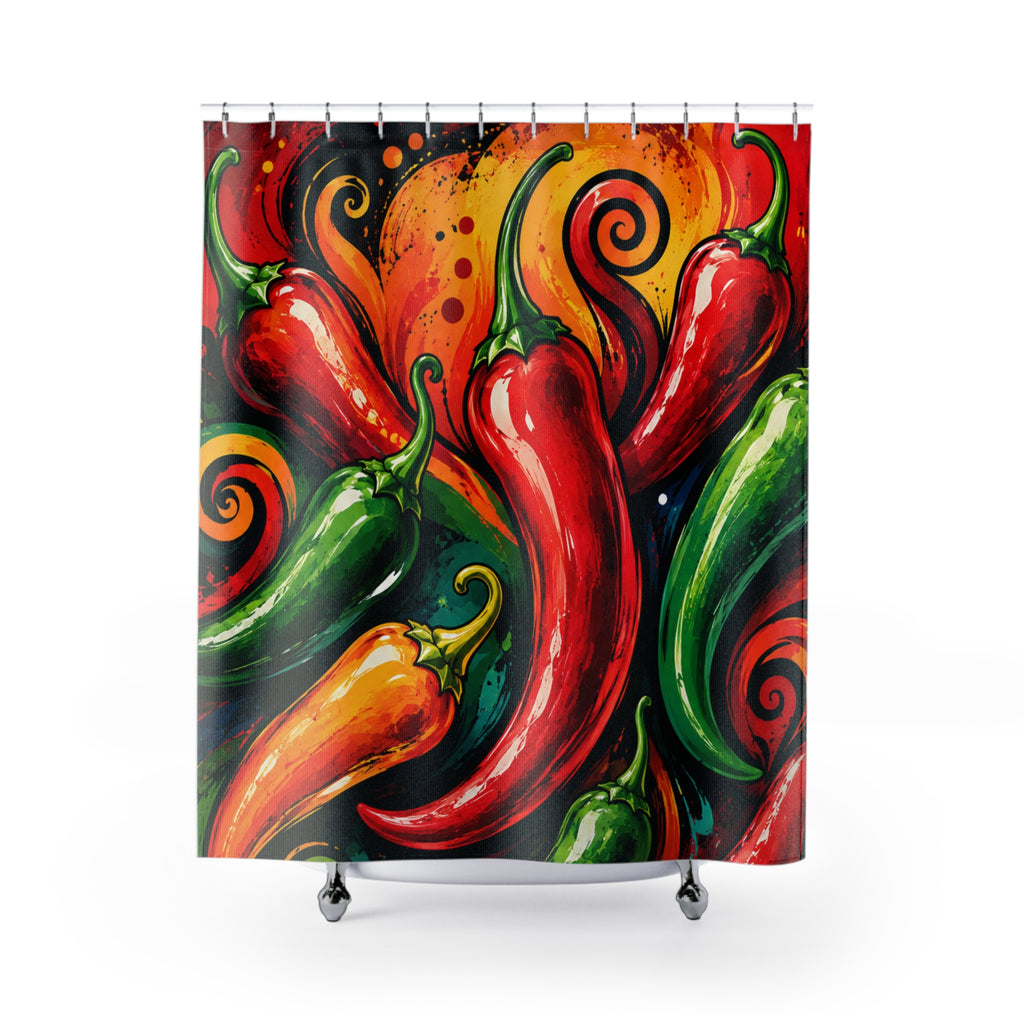 Spicy Chili Pepper Shower Curtain — Bold Red & Green Kitchen/ Bathroom Decor
