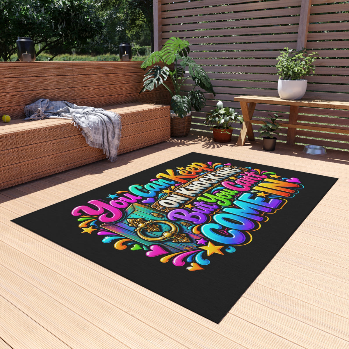 Outdoor Rug — "You Can Keep On Knocking But You Can't Come In" Colorful Welcome Doormat