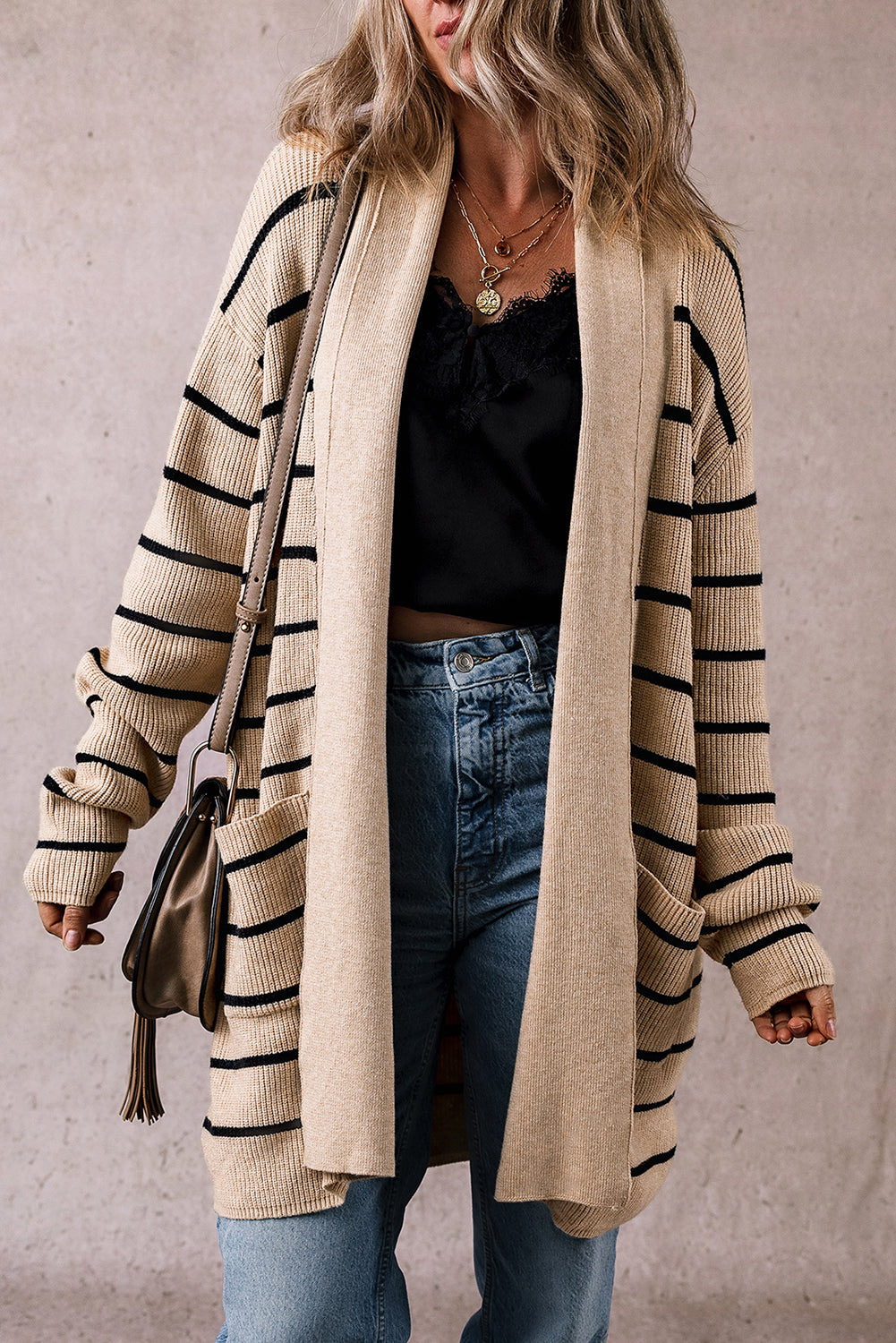 Stripe Shawl Neck Pocketed Open Cardigan